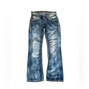 Rock Revival Aubin Slim Boot Jeans Men Size 30 Distressed Thick Stitch Denim EUC